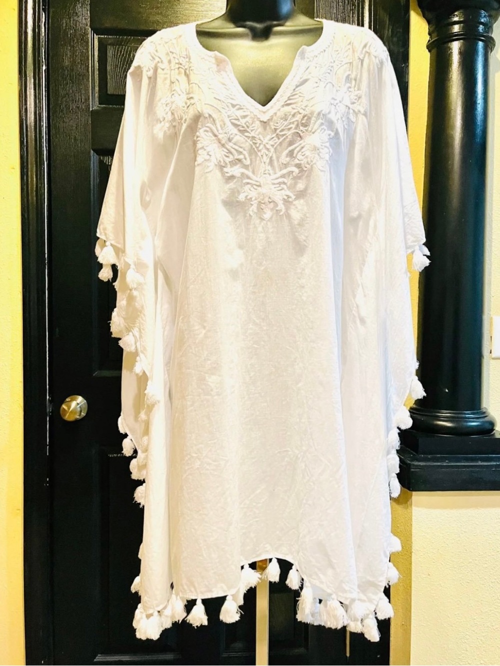 White Embroidered Tassel Caftan Cover-Up